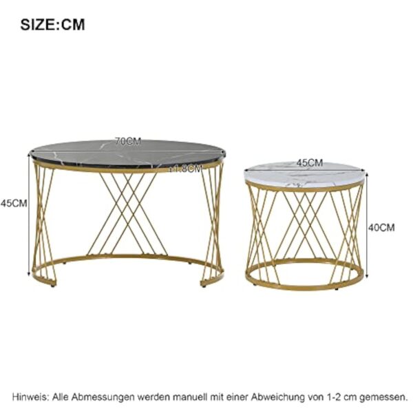 BTM Lot de 2 Tables Basses Ronde, Table d'appoint, Tables Basses gigognes pour Chambre à Coucher Balcon Salon, Noir&Blanc&Noir&Couleur dorée – Image 3