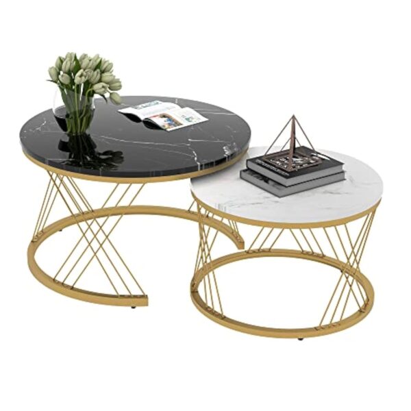 BTM Lot de 2 Tables Basses Ronde, Table d'appoint, Tables Basses gigognes pour Chambre à Coucher Balcon Salon, Noir&Blanc&Noir&Couleur dorée – Image 6