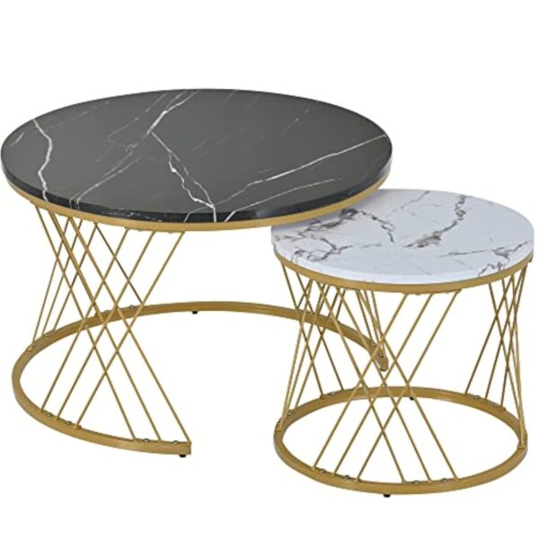 BTM Lot de 2 Tables Basses Ronde, Table d'appoint, Tables Basses gigognes pour Chambre à Coucher Balcon Salon, Noir&Blanc&Noir&Couleur dorée – Image 7