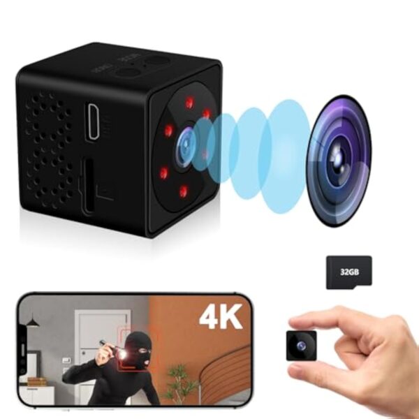 Bextgoo Mini Camera Espion sans Fil, Options Wi-FI 2,4G ou sans Wi-FI, 4K Mini Caméra de Surveillance Interieur/Extérieur avec avec Carte TF 32 Go, Vision Nocturne, Détection de Mouvement