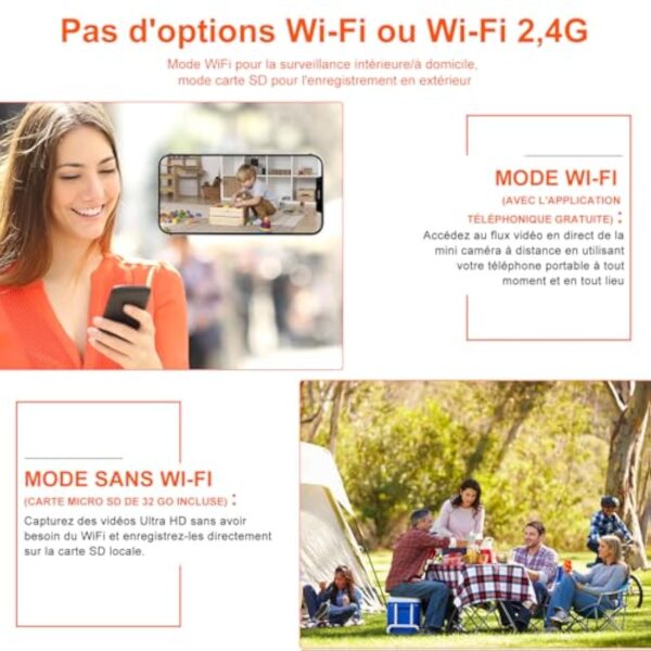 Bextgoo Mini Camera Espion sans Fil, Options Wi-FI 2,4G ou sans Wi-FI, 4K Mini Caméra de Surveillance Interieur/Extérieur avec avec Carte TF 32 Go, Vision Nocturne, Détection de Mouvement – Image 3