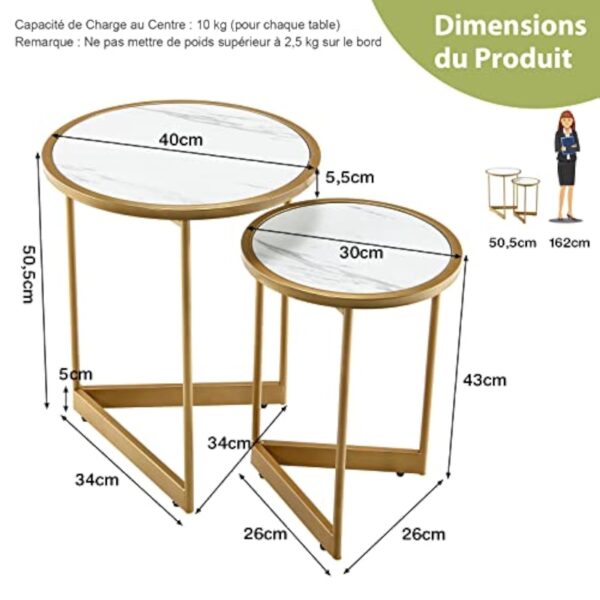 COSTWAY Lot de 2 Tables Gigognes Rondes, Tables Basses Modernes de 40 cm et 30 cm avec Dessus de Table en Marbre et Structure en Acier Doré, avec Base en Forme de V, pour Chambre et Salon, Blanc – Image 4