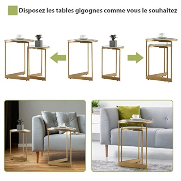 COSTWAY Lot de 2 Tables Gigognes Rondes, Tables Basses Modernes de 40 cm et 30 cm avec Dessus de Table en Marbre et Structure en Acier Doré, avec Base en Forme de V, pour Chambre et Salon, Blanc – Image 10