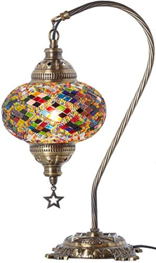 DEMMEX Superbe lampe de table en mosaïque marocaine turque avec globe de grande taille, col de cygne bohème exotique coloré, abat-jour en verre mosaïque faite à la main (multicolore) – Image 3