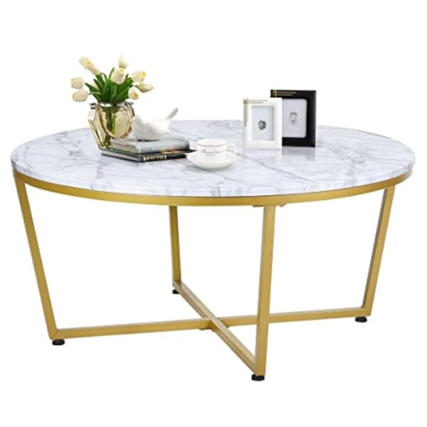 GOPLUS Table Basse Ø 90 cm, Table d'appoint avec Aspect Marbre & Structure métallique Dorée, Table de Salon Ronde avec Base en X, Stable et Moderne 90x 42 cm