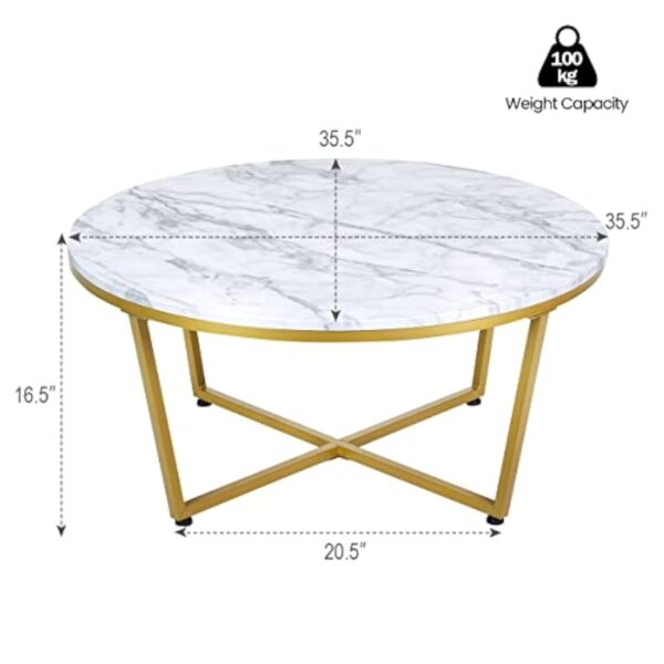 GOPLUS Table Basse Ø 90 cm, Table d'appoint avec Aspect Marbre & Structure métallique Dorée, Table de Salon Ronde avec Base en X, Stable et Moderne 90x 42 cm – Image 4