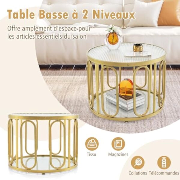 GOPLUS Table Basse Verre Ronde 2 Niveaux, Table Basse Dorée Salon Plateau Vitrée, Etagère Ouverte Supports Pivotants Ovales, pour Salon, Charge 30KG,60,5 x 60,5 x 44,5CM – Image 6