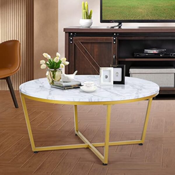 GOPLUS Table Basse Ø 90 cm, Table d'appoint avec Aspect Marbre & Structure métallique Dorée, Table de Salon Ronde avec Base en X, Stable et Moderne 90x 42 cm – Image 9