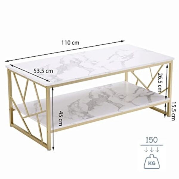 Ginhow | Table Basse dorée | pour Chambre Salon, Blanche | en marbre MDF | Grande carrée | Canapé | avec Espace de Rangement – Image 4