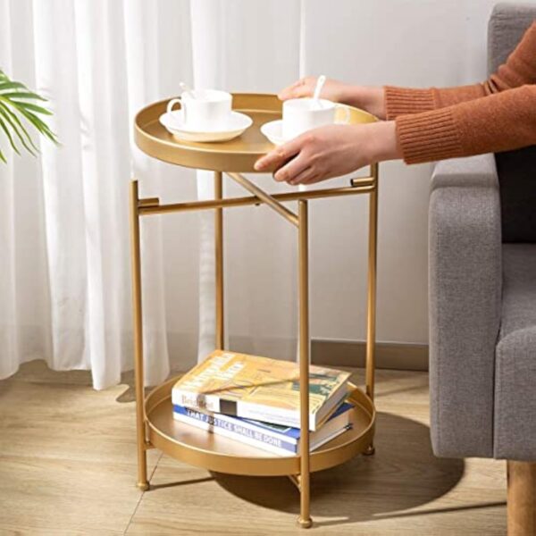 HollyHOME Table d'appoint Ronde à 2 Etages avec Plateau en Métal Doré, Table Basse Bout de Canapé pour Salon Chambre Balcon Terrasse, Doré – Image 6