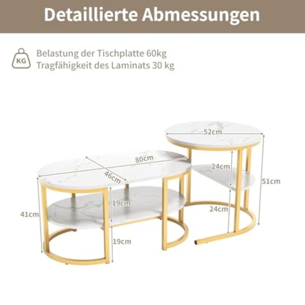 KEFSR Lot de 2 tables basses modernes rondes et ovales avec motif marbre, table basse avec cadre en métal doré et étagère de rangement, tables centrales gigognes pour canapé de salon – Image 3