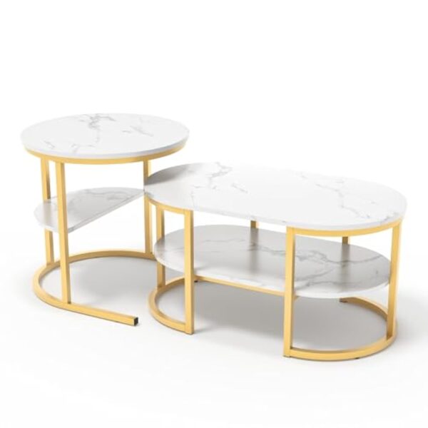 KEFSR Lot de 2 tables basses modernes rondes et ovales avec motif marbre, table basse avec cadre en métal doré et étagère de rangement, tables centrales gigognes pour canapé de salon – Image 8