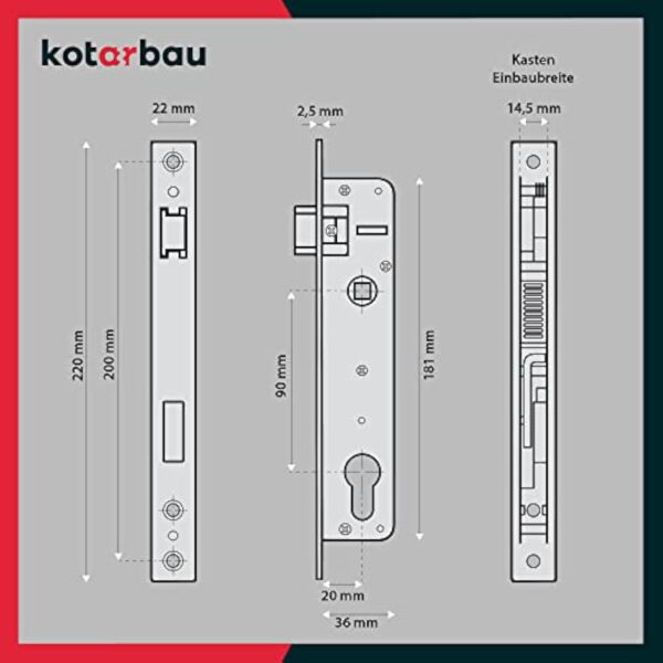 KOTARBAU® Serrure à larder 90/20 mm, DIN droite et gauche, pour porte, à cylindre profilé et à cadre tubulaire, avec contre-plaque, en acier galvanisé, de qualité supérieure, inoxydable Argenté – Image 4