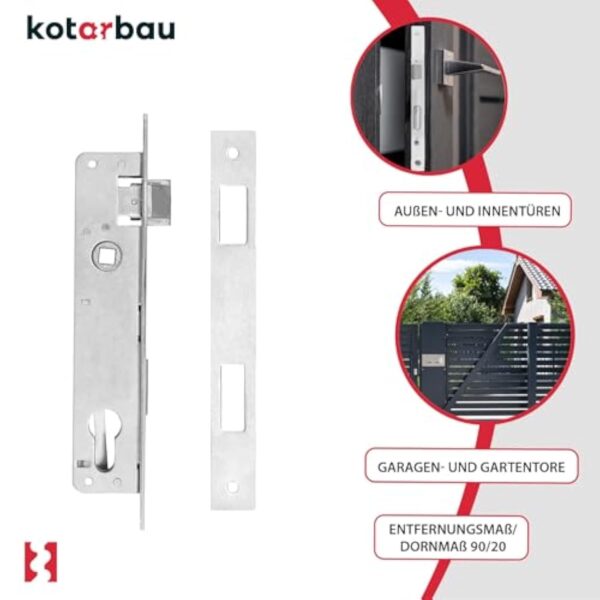 KOTARBAU® Serrure à larder 90/20 mm, DIN droite et gauche, pour porte, à cylindre profilé et à cadre tubulaire, avec contre-plaque, en acier galvanisé, de qualité supérieure, inoxydable Argenté – Image 5