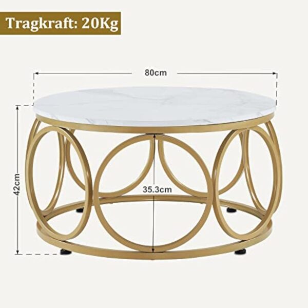 M MCombo 2102 Table basse ronde en bois moderne marbré blanc doré - Petite table basse en métal - Table d'appoint pour salon - Diamètre : 80 cm – Image 4