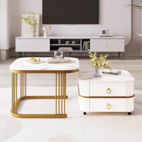 Merax Lot de 2 tables basses carrées, brillantes, aspect marbre, table d'appoint moderne avec 2 tiroirs, pour salon, balcon et bureau, blanc et doré – Image 9