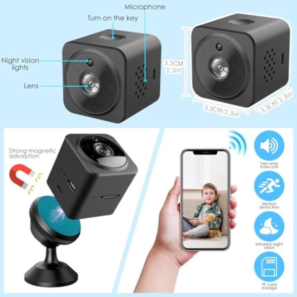 Mini caméra espion sans fil avec microphone intégré, 4K HD 1080P, vision nocturne, détection de mouvement et réduction du bruit 2D - Caméras de sécurité intérieures - Caméra espion avec batterie – Image 3