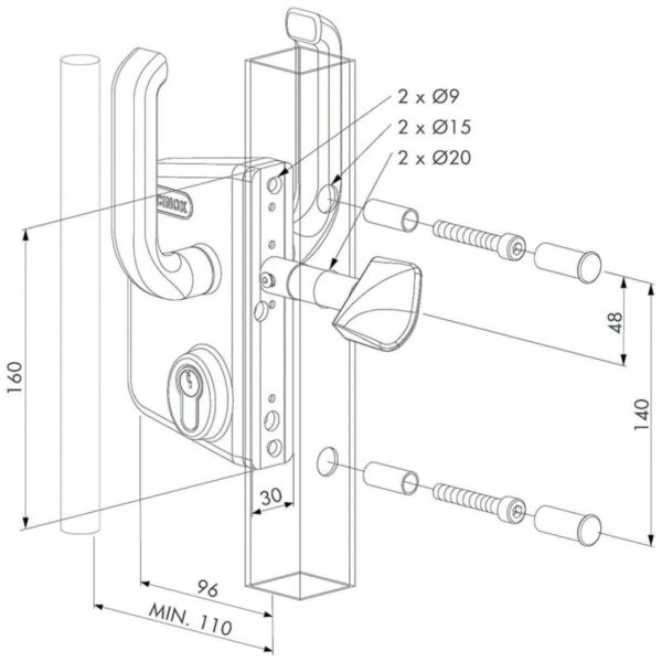 Serrure LSKZ inox profil 60 mm pour portail coulissant - Locinox