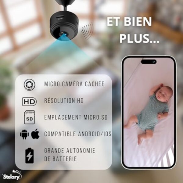 Stelary Caméra Espion | Support Magnétique | Caméra Cachée Mini | Surveillance Discrète | Caméra Sécurisée pour Maison | Emplacement Micro SD 128 Go | WIFI | Facile à Installer – Image 7