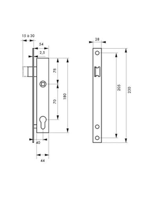 THIRARD - Boitier de serrure encastrable à cylindre pour portail, axe 40mm, bouts carrés, noir – Image 3