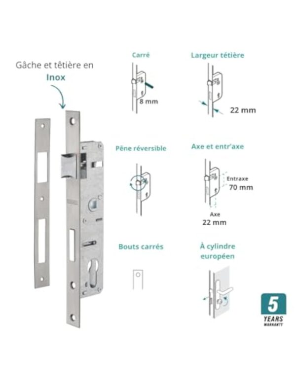 THIRARD - Boitier de serrure encastrable à cylindre pour menuiserie métallique, axe 22mm, bouts carrés, zingué – Image 4