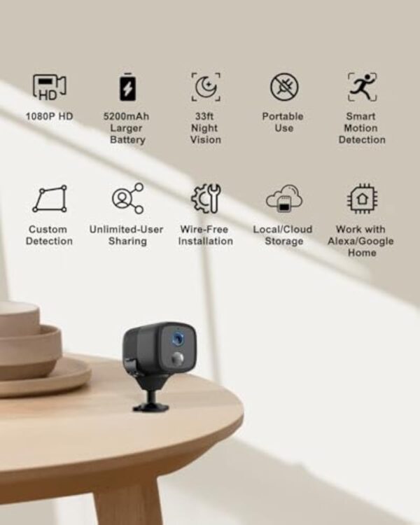 UCOCARE Camera Espion, Mini Camera Espion sans Fil sur 5200mAh Batterie, 1080P HD Mini Camera sur Angle Vision 160°, AI/PIR Détection Mouvement Alerte, Vision Nocturne, Support SD/Cloud, 2.4GHz WiFi – Image 3