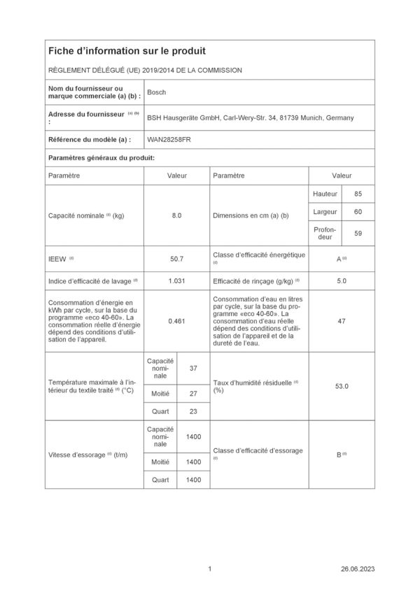 Bosch WAN28258FR, Harnachement 4, Basalte linceul carrefour, 8 kg, 1400 trs/min, Paragraphe – Image 9