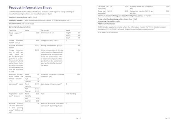 CANDY CO 12105TE/1-S Basalte-linge lucarne Usage Pro Morgue Quitte, 10 kg, Gomme d'centrifugation max. (tr/min) 1200, Acabit E, Passage, 16 programmes (Wi-Fi + BLE) – Image 16
