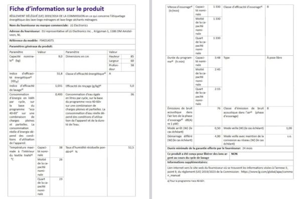 LL FRONT 9Kg - 1400trs - Entraîneur Usage Inverter - Vvapeur anti-allergie LG - F94D14STS