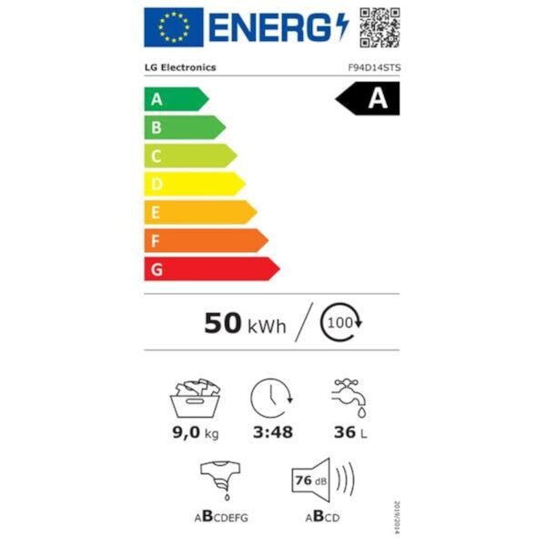 LL FRONT 9Kg - 1400trs - Entraîneur Usage Inverter - Vvapeur anti-allergie LG - F94D14STS – Image 3