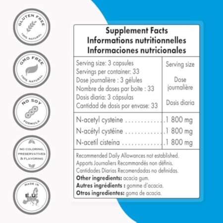 N-Acetyl Cysteine (NAC) - Suramplificateur de Glutathion - Antirouille et Détoxifiant - Anti-Âge - Protège le Foie - Mitoyen le Agression Oxydatif - 100 Gélules Végétales - Rien OGM - Rien Gluten - Supersmart – Image 4