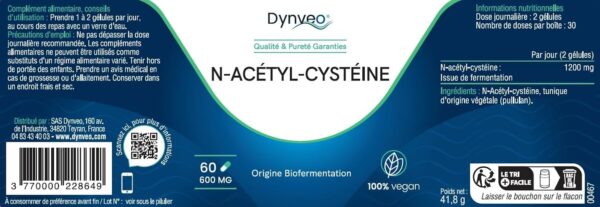 NAC N-acétylcystéine immatérielle - 600mg / 60 Gélules - Bio-fermentation Naturelle - Âpre Aminé emprise du glutathion - Détoxification - Sauf Additifs - Diplôme Pharmaceutique - Vegan - Dynveo